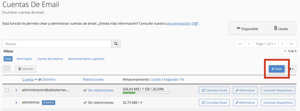 Crear cuentas de correo